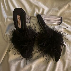 Cape Robbin Black Feathered Heels with Clear Block Heel